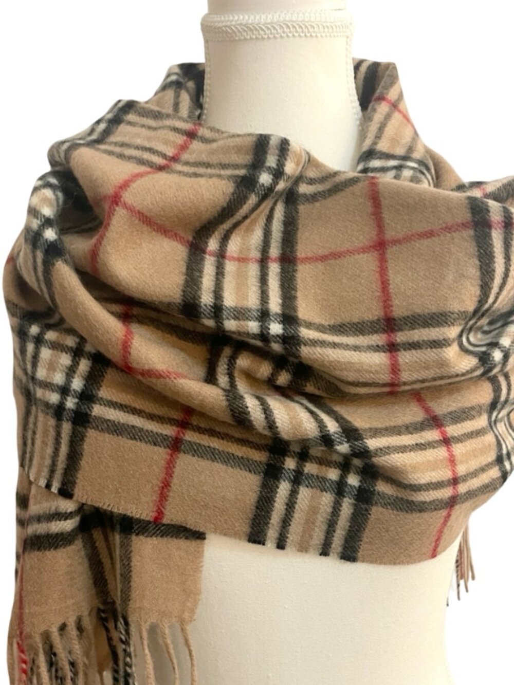 V. Fraas 100% Cashmere Plaid Scarf Tan Black Red Fringe 32 x 69